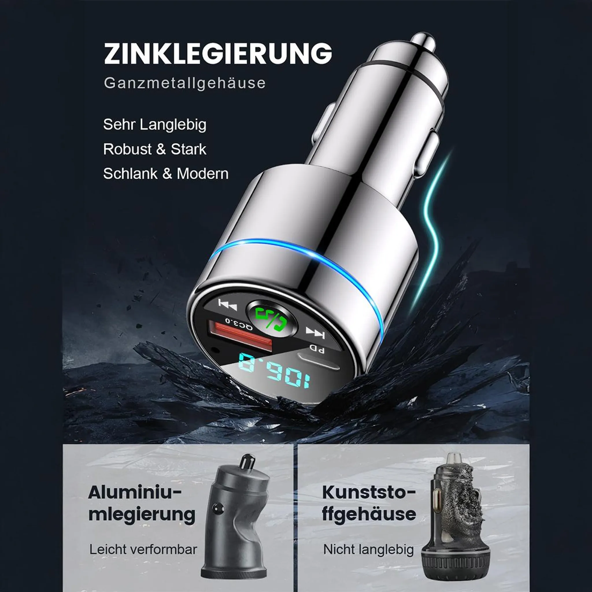 Ein silberner Zigarettenanzünder-Adapter mit blauem Licht und Display.