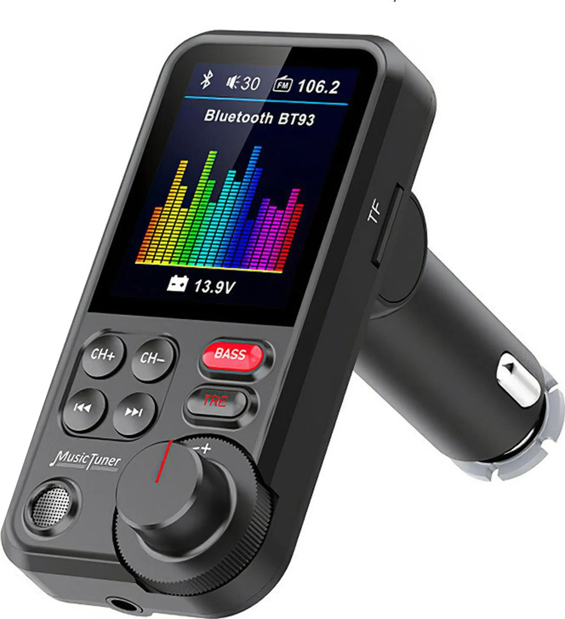 Schwarzer Bluetooth-Sender mit Display und Equalizer-Anzeige.