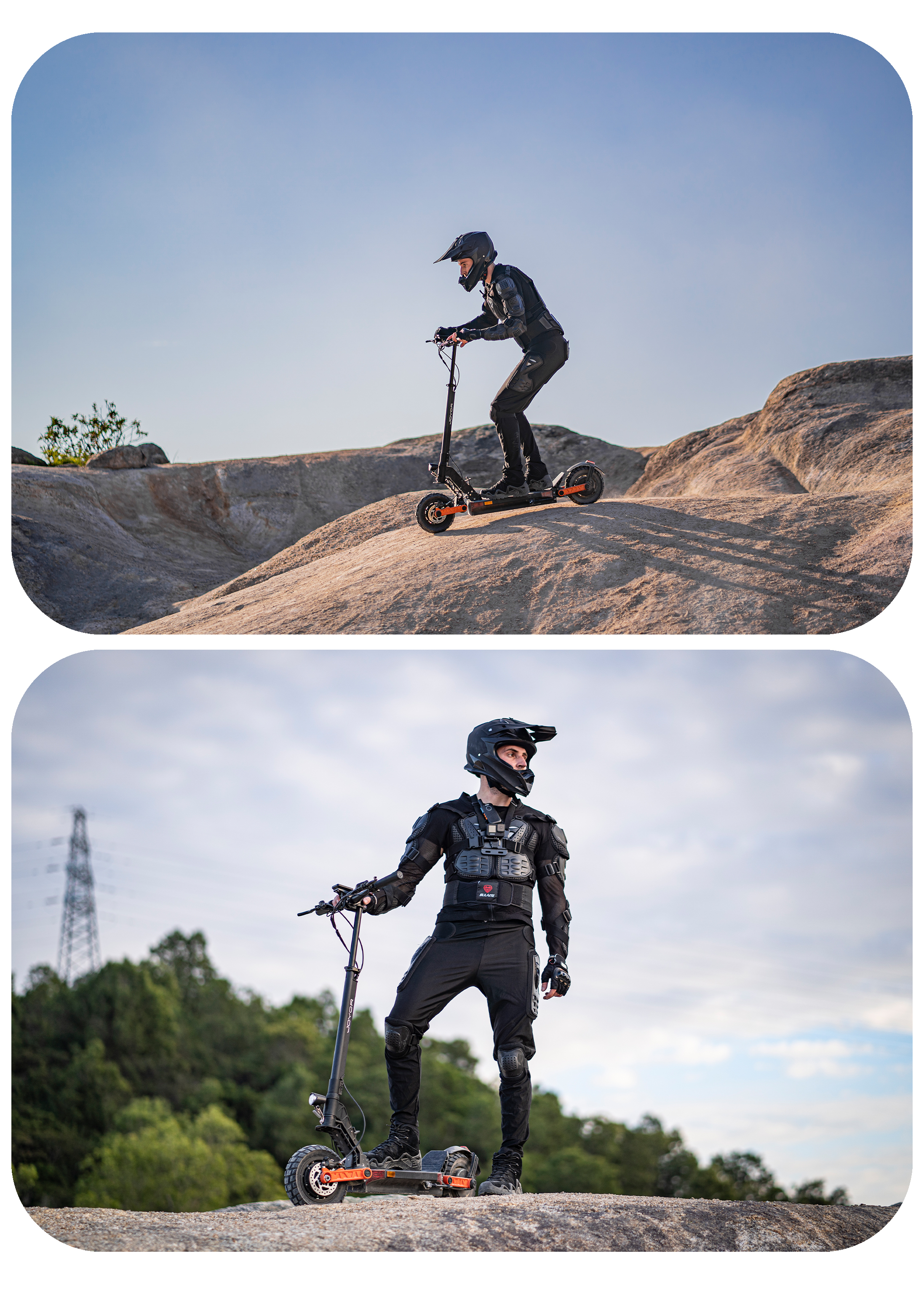 Mann in Schutzkleidung fährt E-Scooter auf felsigem Hügel.