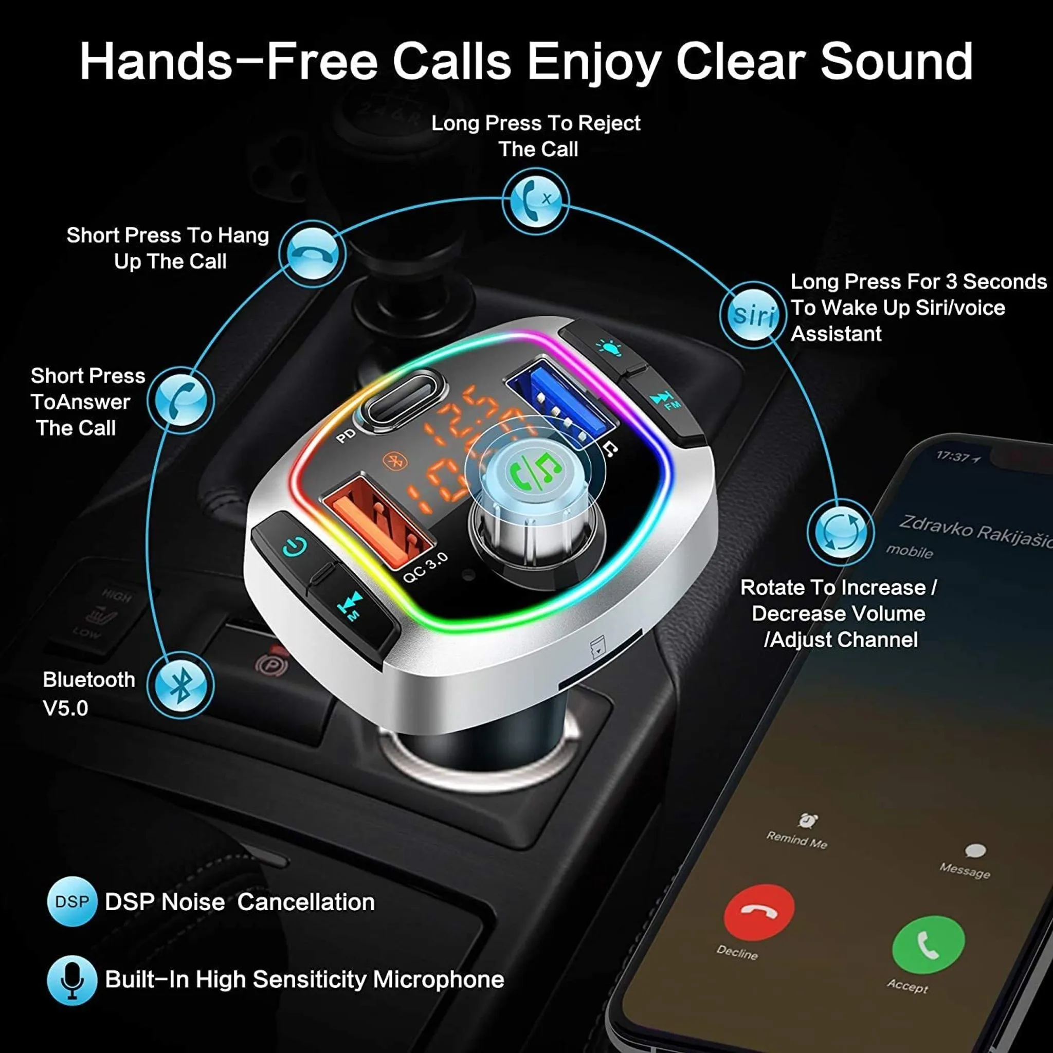Auto-Freisprecheinrichtung mit Bluetooth 5.0, QC 3.0 und Geräuschunterdrückung.
