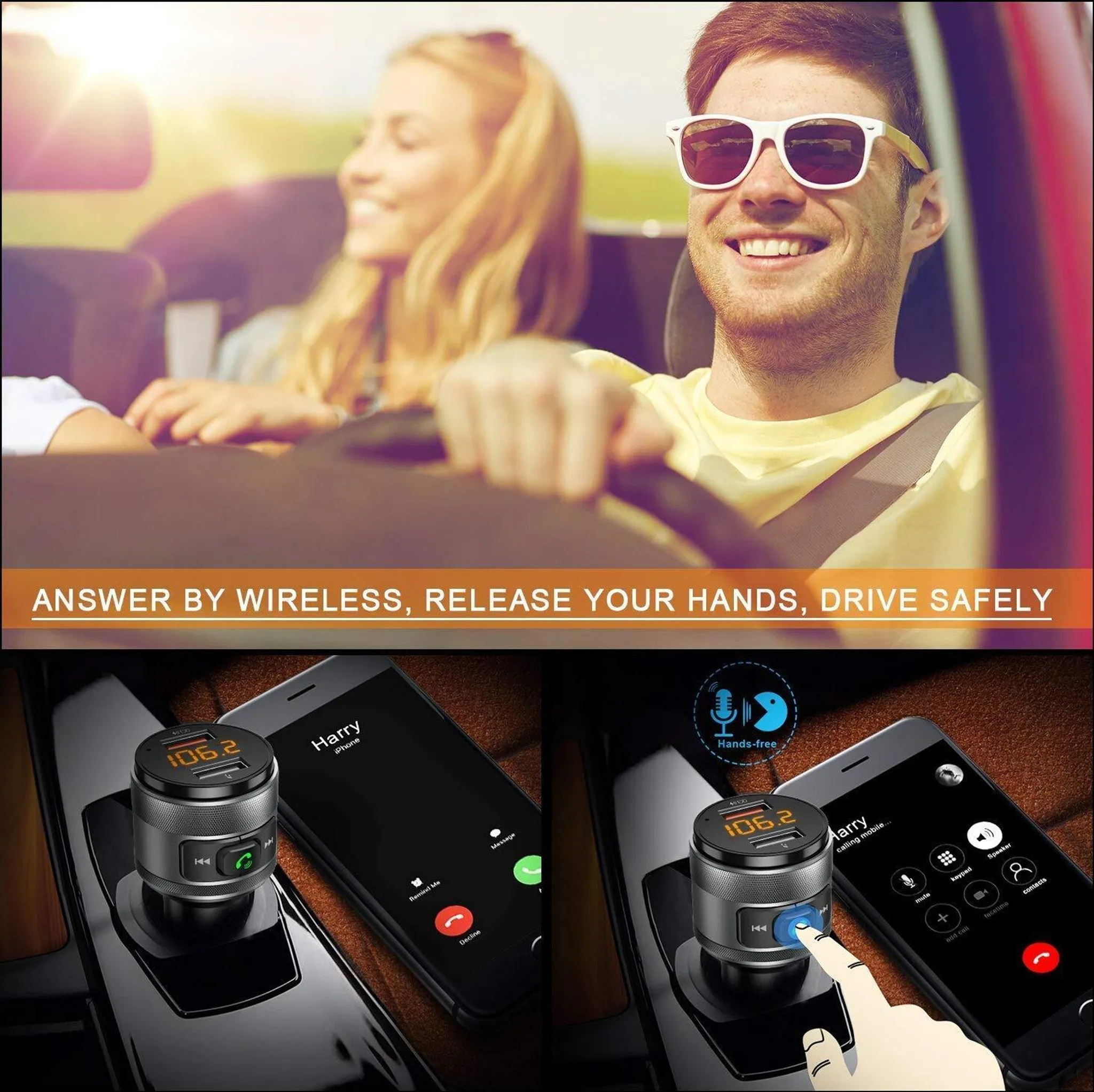 Ein Mann und eine Frau fahren Auto. Unten: Ein Handy-Freisprecher und ein iPhone.