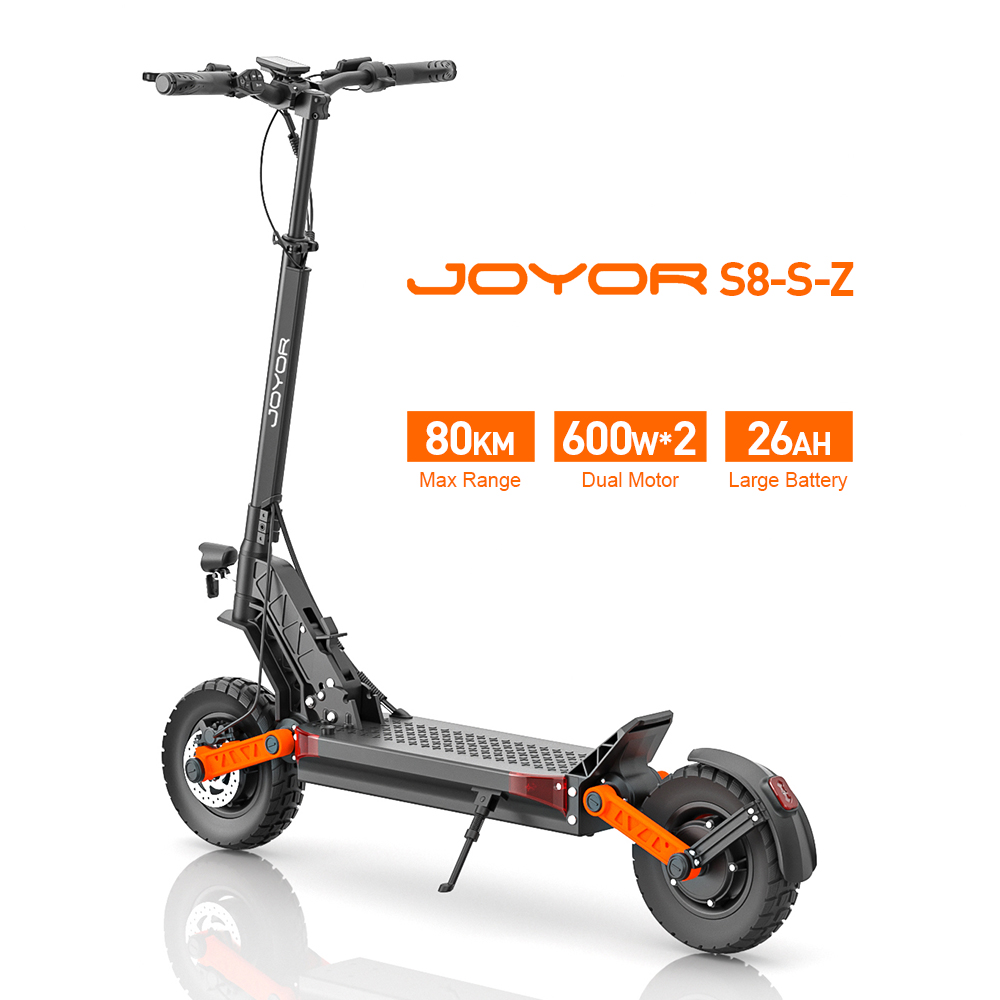 Schwarzer E-Scooter JOYOR S8-S-Z mit orangefarbenen Details.