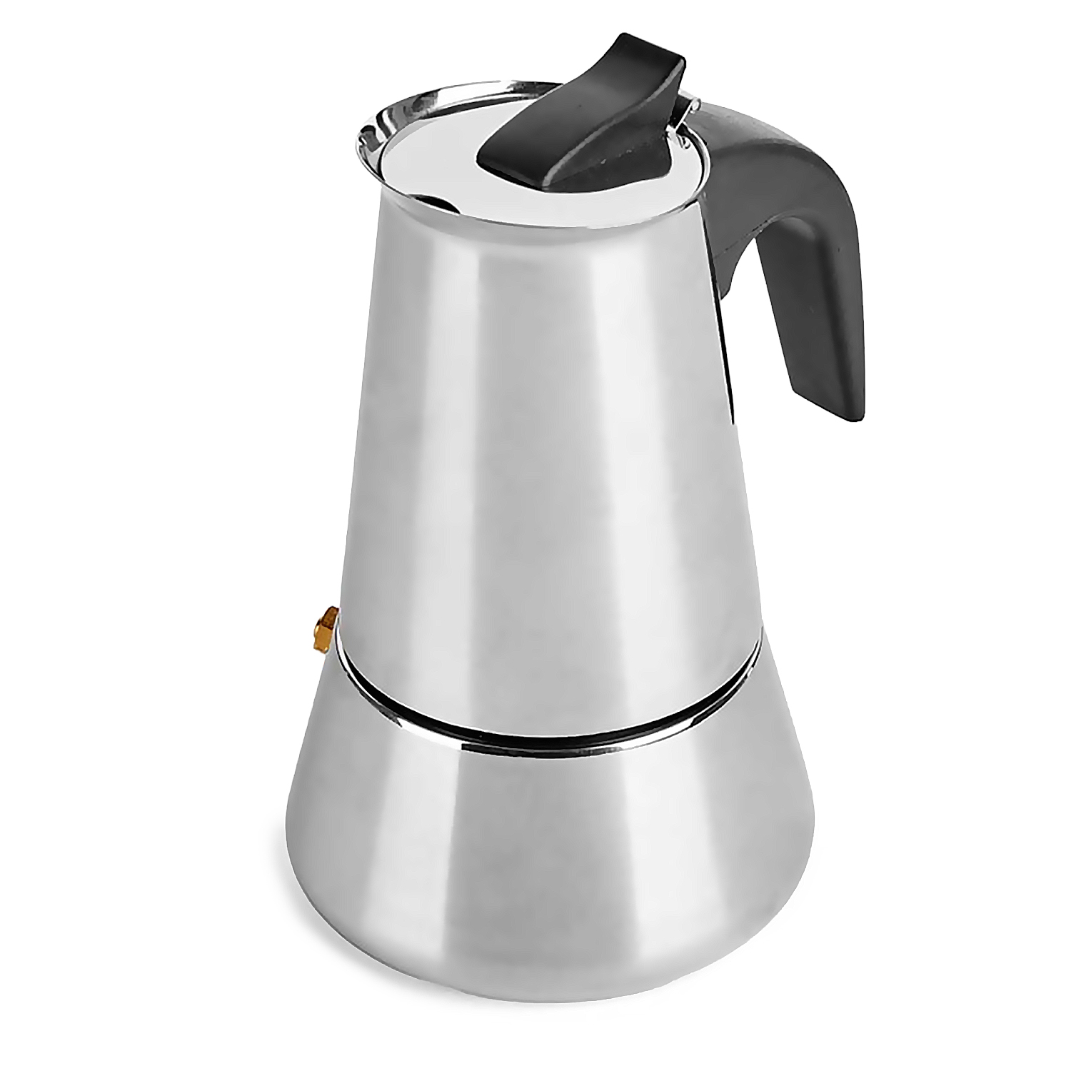 Eine silberne Espressokanne mit schwarzem Griff steht vor einem weißen Hintergrund.