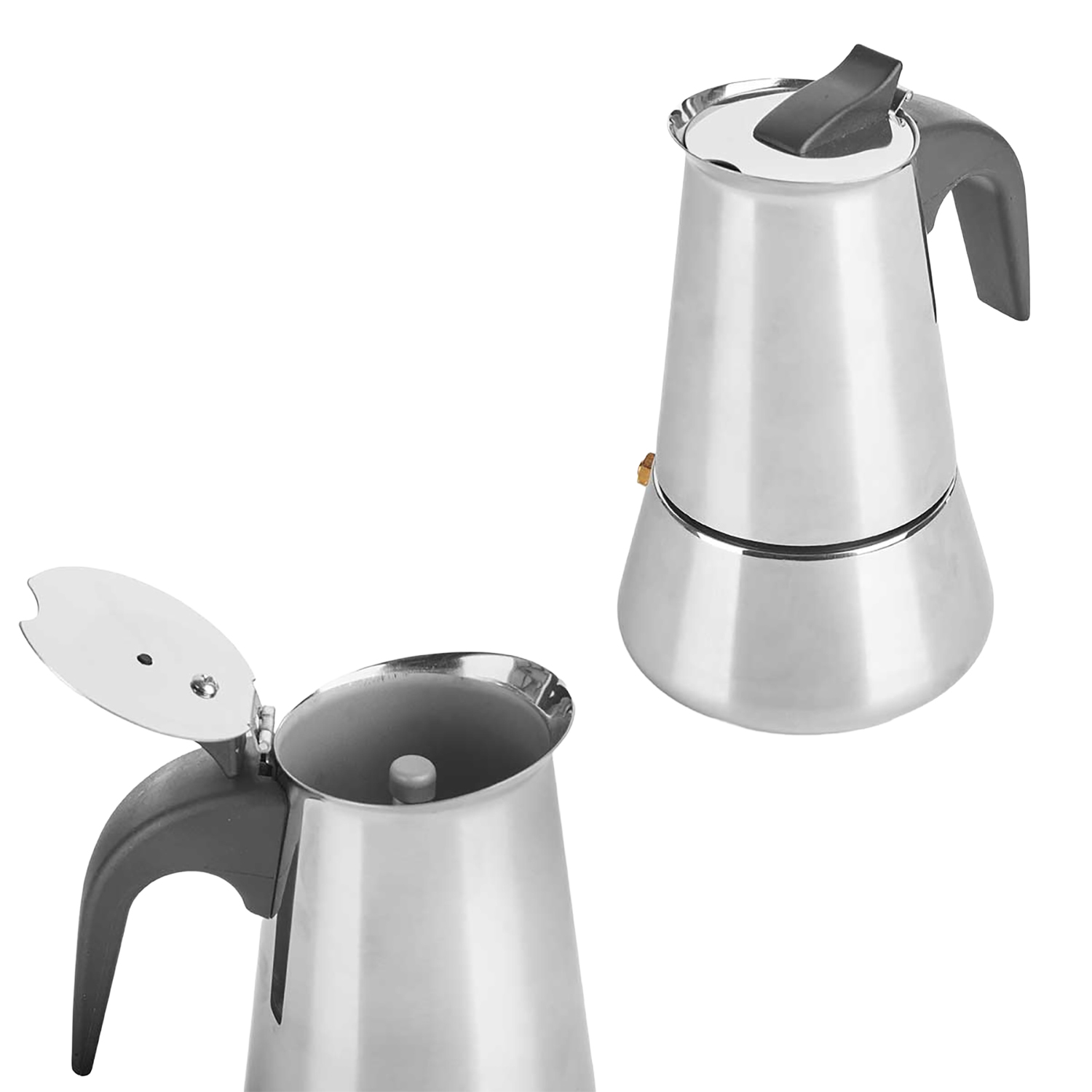 Zwei silberne Kaffeekannen aus Metall, eine mit offenem Deckel.