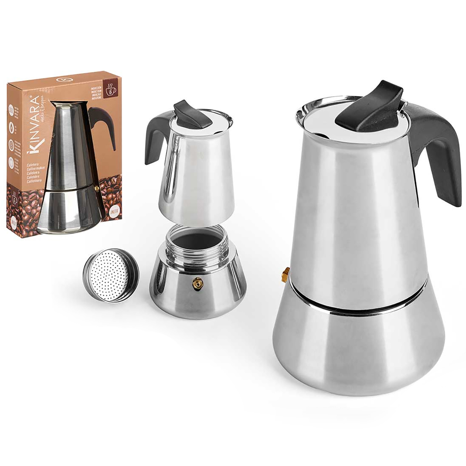 Silberne Espressokanne aus Edelstahl, daneben die Verpackung und Einzelteile.