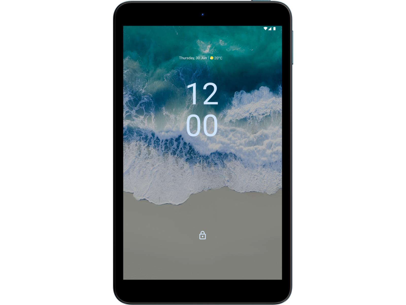 Ein Tablet mit einem Hintergrundbild eines Strandes und des Meeres. Die Uhrzeit ist 12:00.