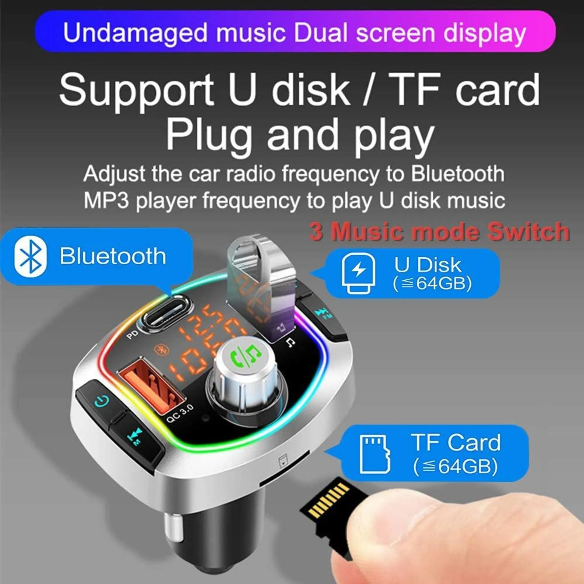Auto-Musik-Player mit Bluetooth, U-Disk und TF-Karten-Unterstützung, Dual-Display.
