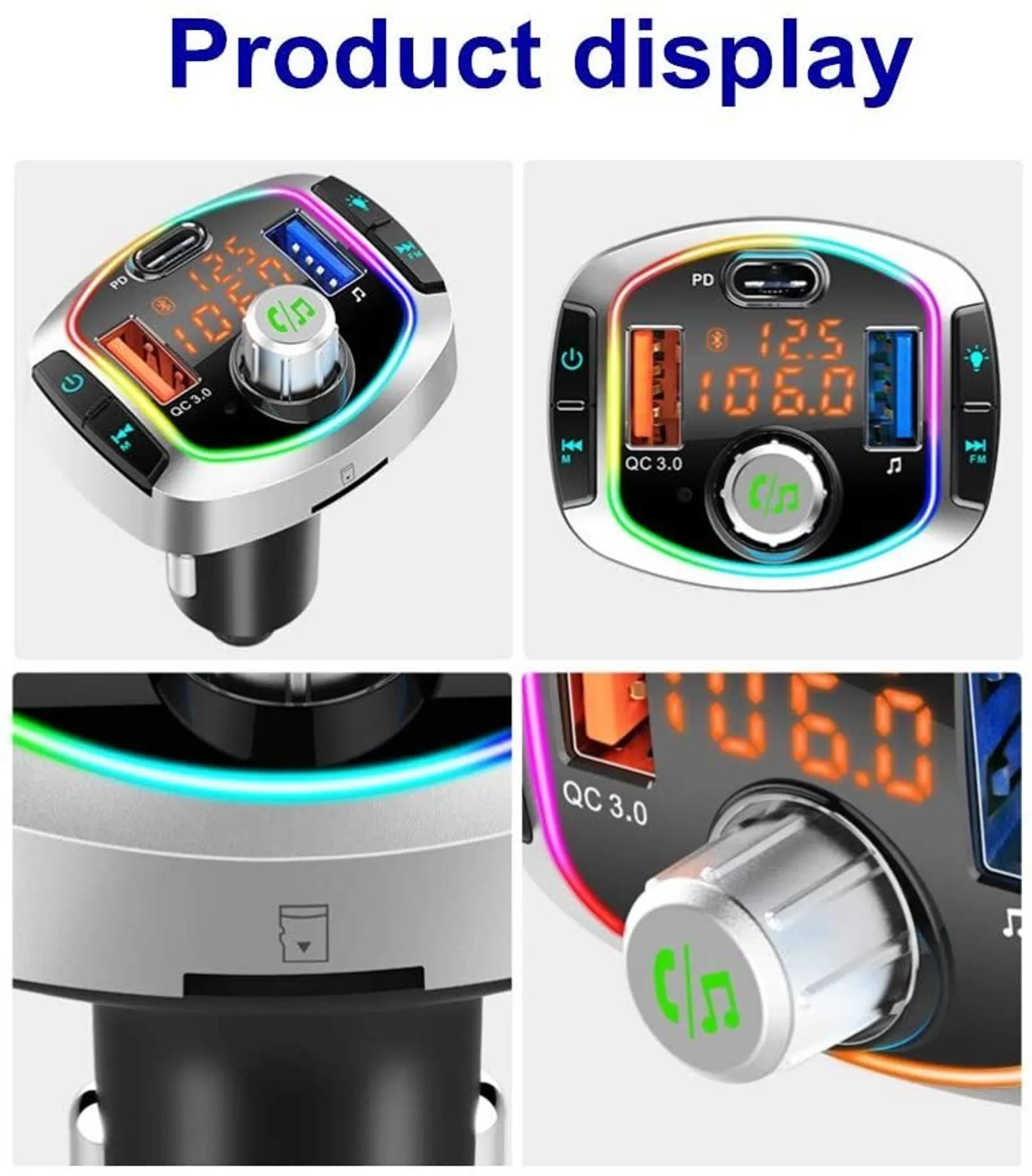 Car charger with USB-C, QC 3.0 ports, digital display and LED lights.