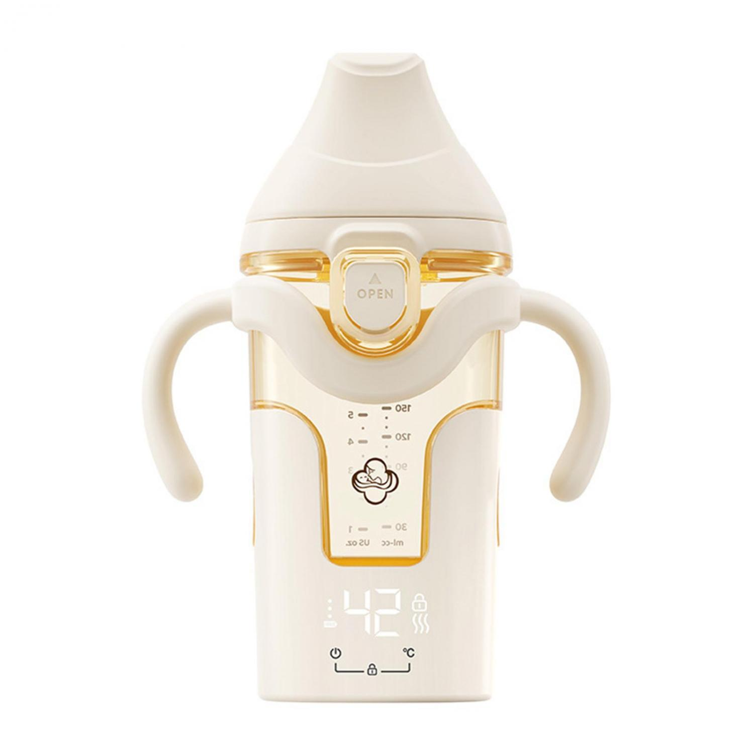 Eine weiße Babyflasche mit Griffen und digitaler Temperaturanzeige.