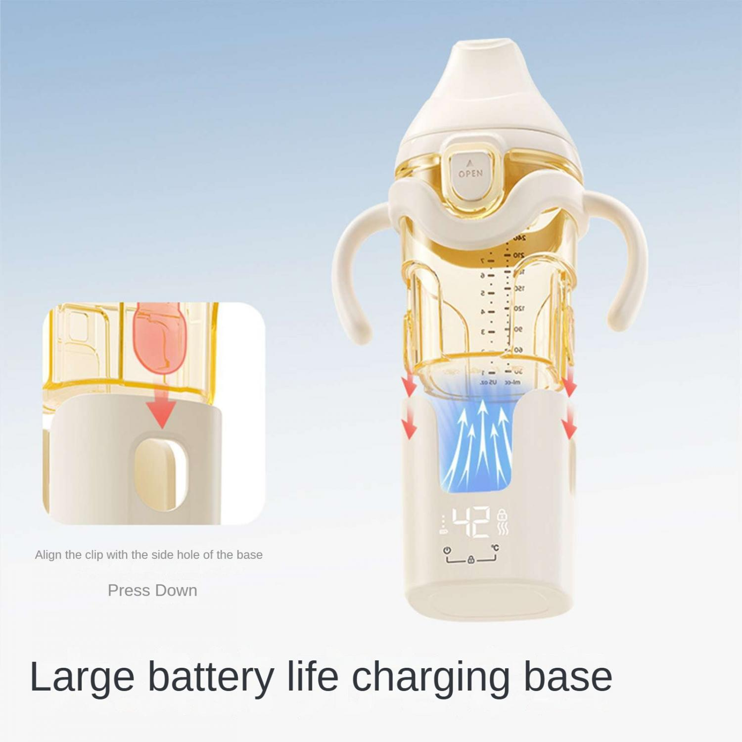Babyflasche mit Griffen und digitaler Anzeige auf Ladestation mit Wärme-Symbol.
