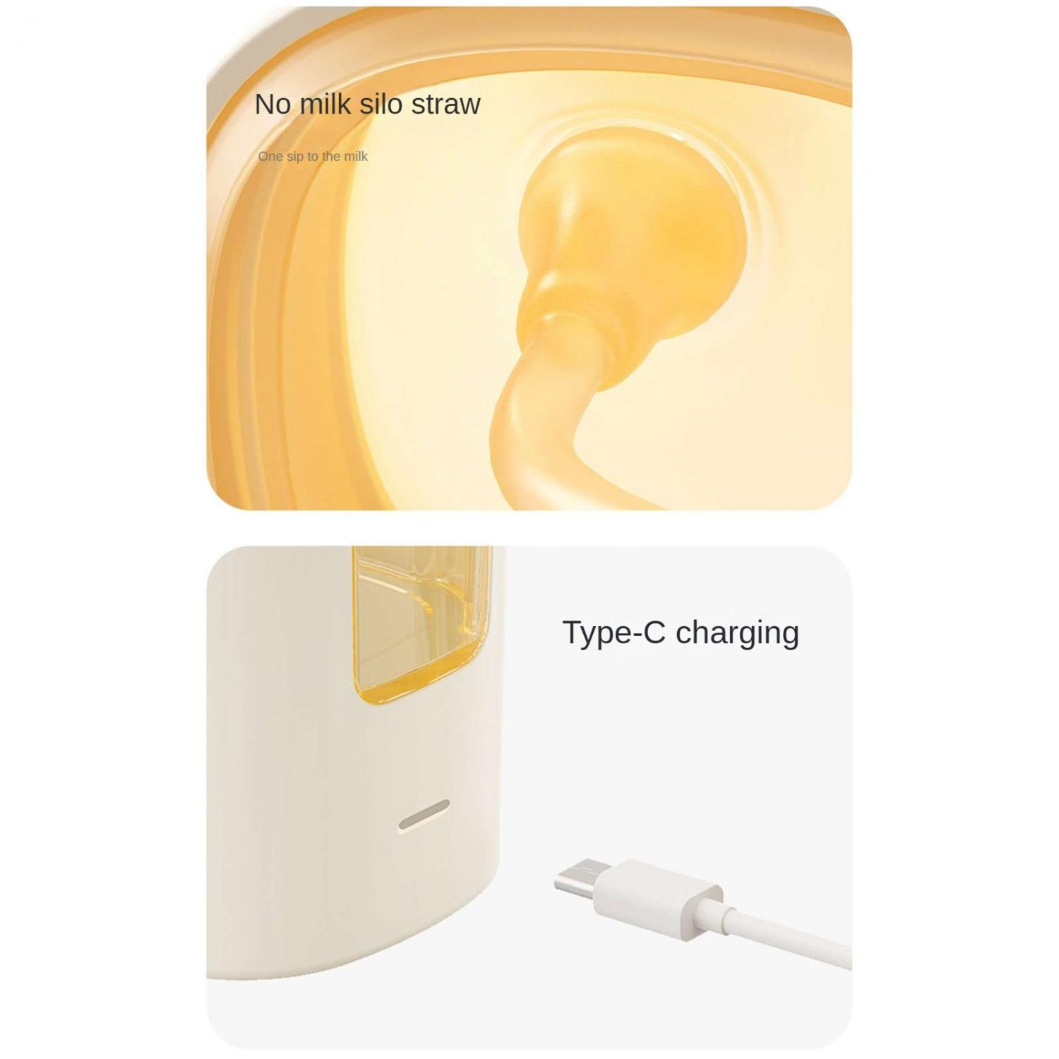 Nahaufnahme eines gelben Saugers in einem Babyflaschen-Deckel, daneben ein weißes USB-C-Kabel.
