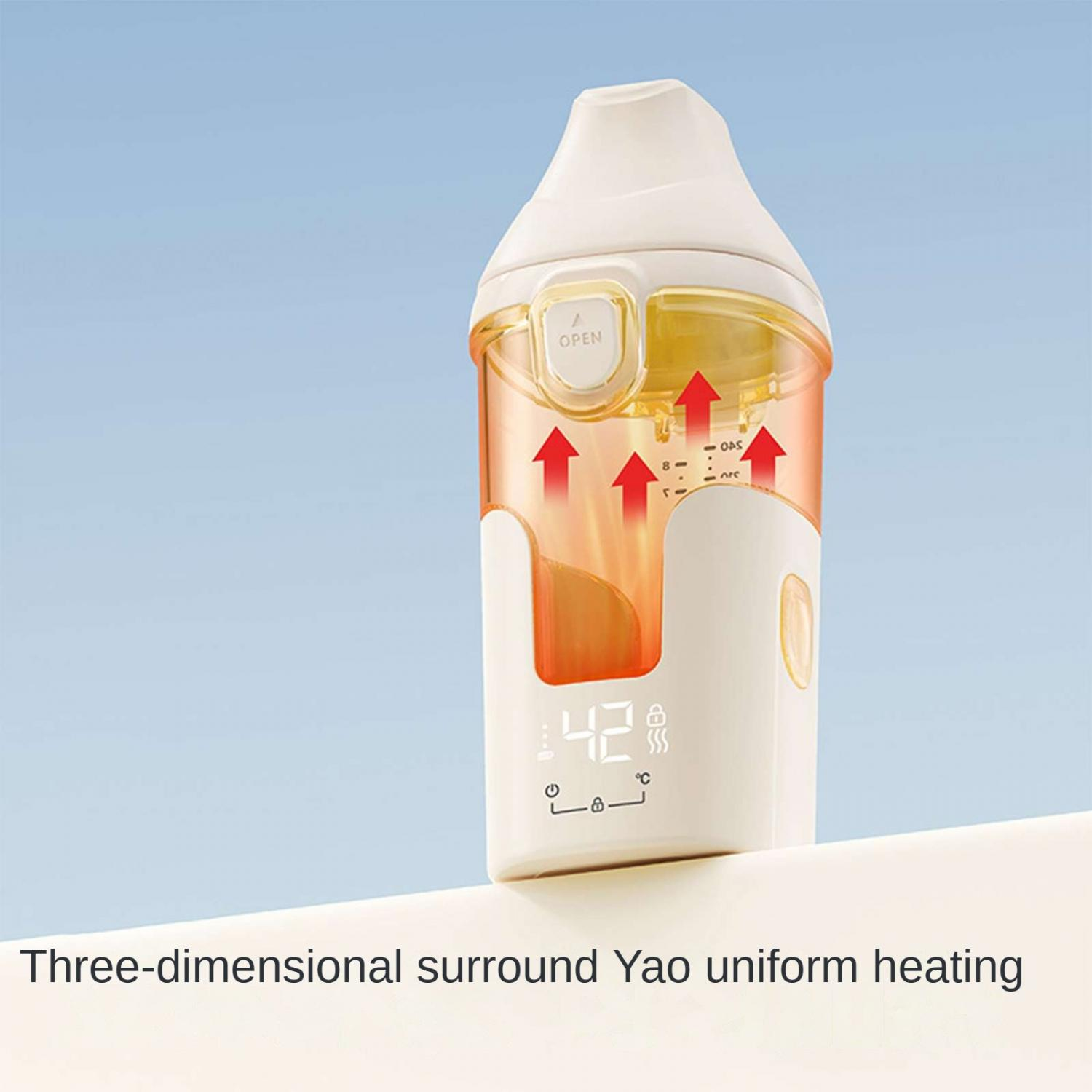 Weiße Flasche mit orangefarbenen Akzenten, rote Pfeile zeigen Erwärmung. Digitalanzeige zeigt 42°C.
