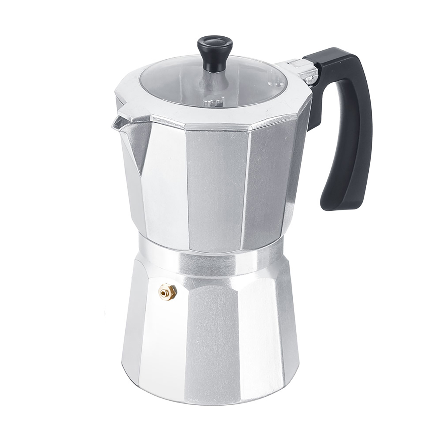 Ein silberner Espressokocher mit schwarzem Griff und transparentem Deckel.
