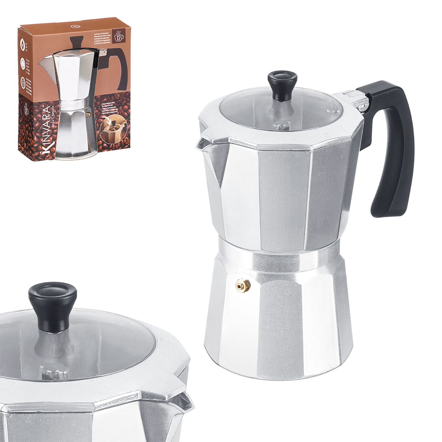 Silberner Espressokocher mit schwarzem Griff und Glasdeckel, daneben die Verpackung.