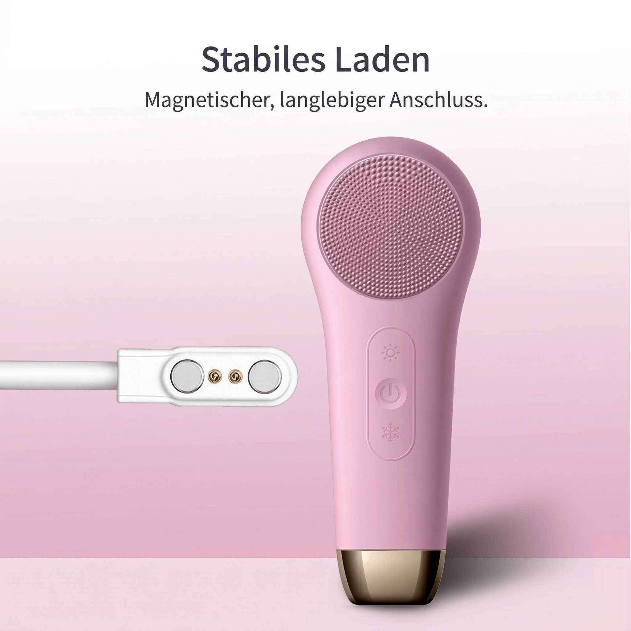 Ein rosafarbener Gesichtsreiniger mit Ladeanschluss auf einem rosafarbenen Hintergrund.