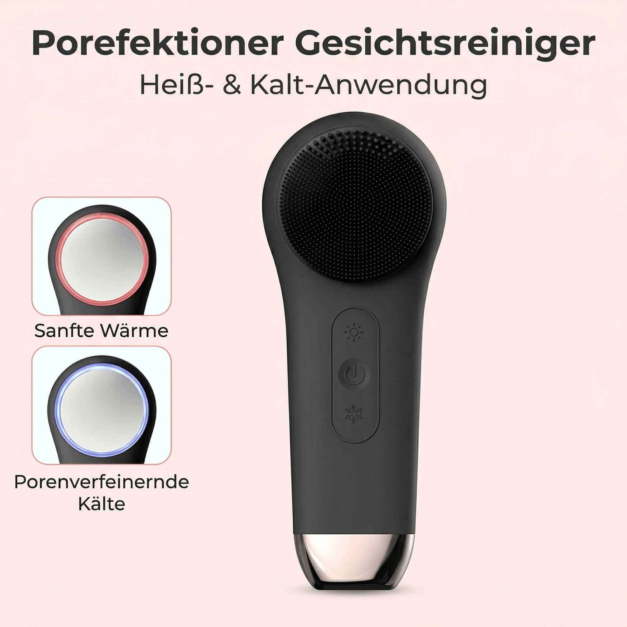 Ein schwarzes Hautpflegegerät mit Bürste und zwei kleinen Bildschirmen, die Wärme und Kälte anzeigen.