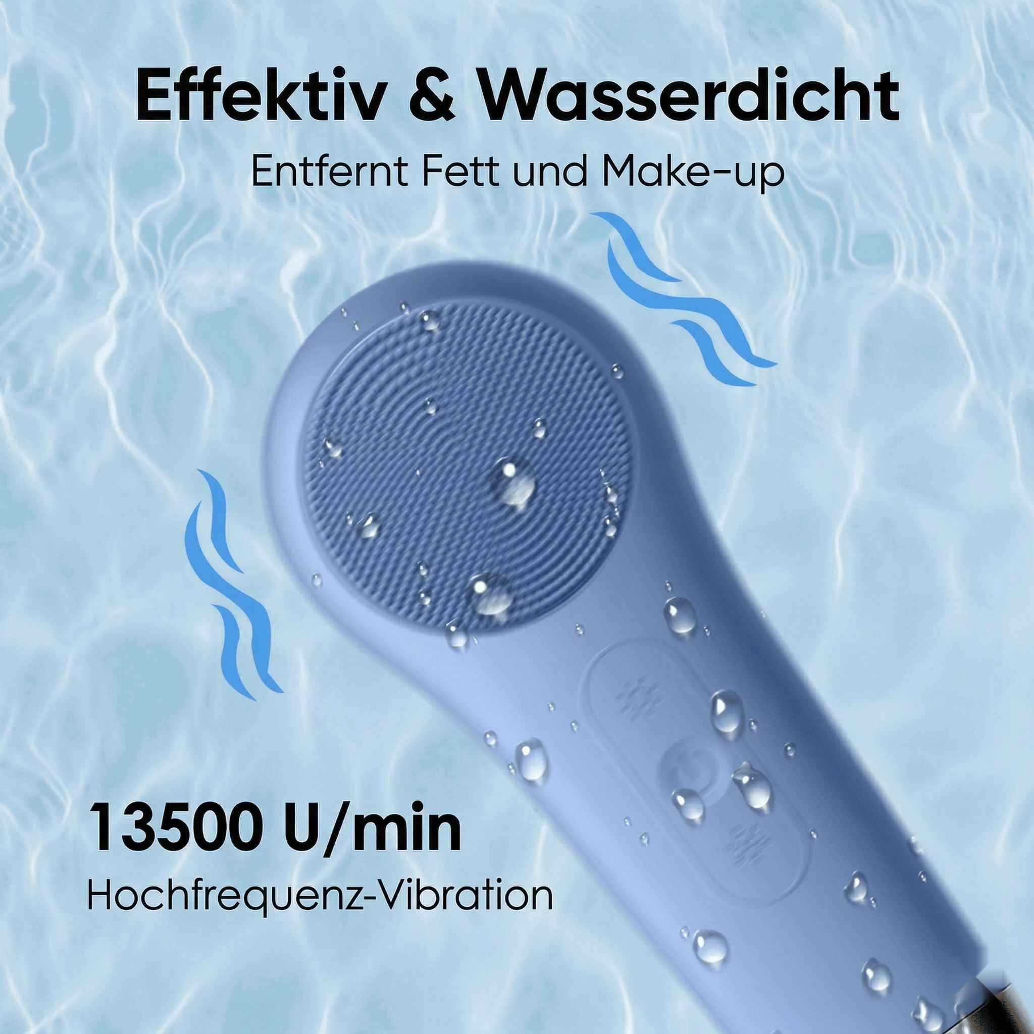 Ein blaues Reinigungsgerät mit Wasserflecken und Wellenmustern. Text gibt Infos.