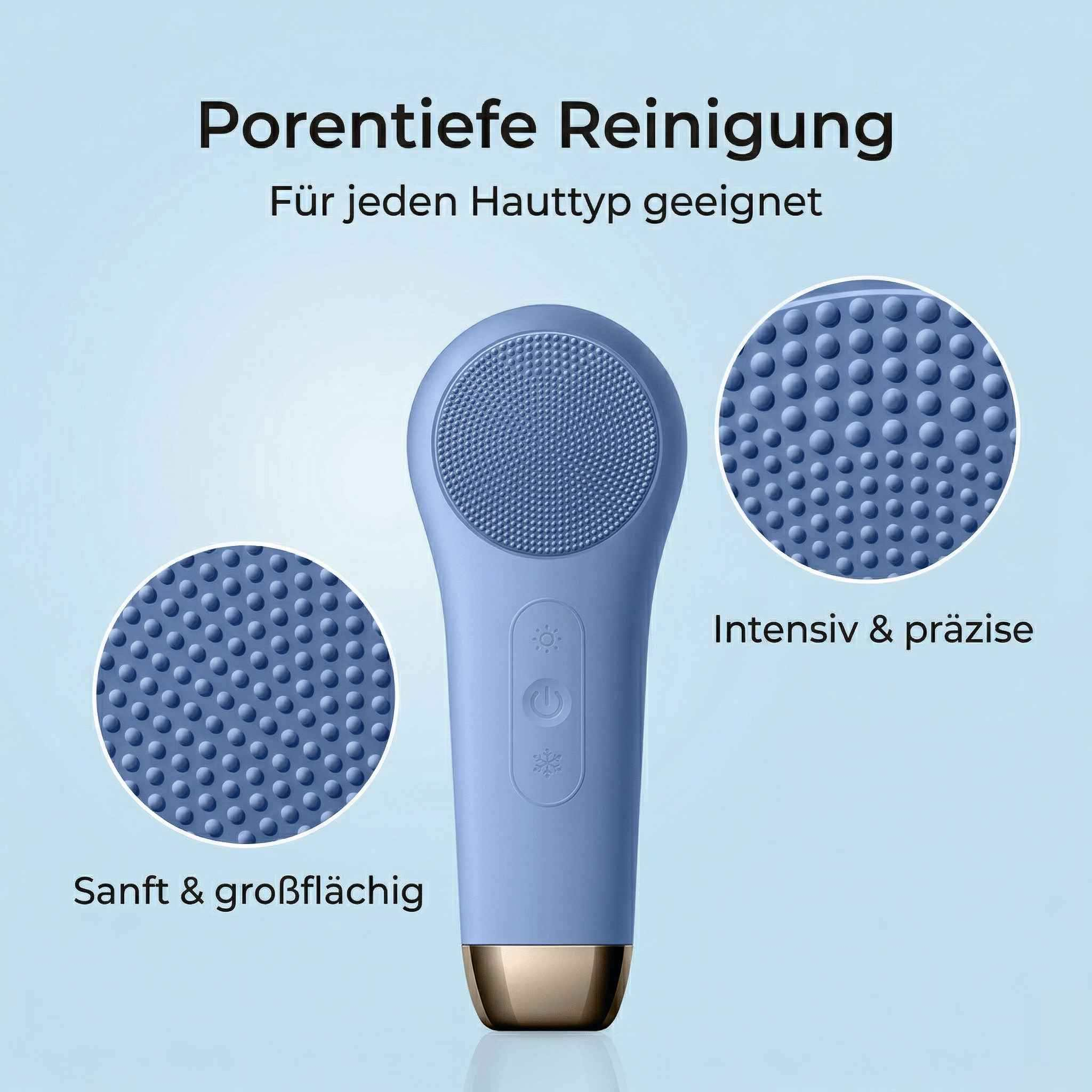 Ein blaues Hautreinigungsgerät mit Tupfen-Oberflächen für sanfte und intensive Reinigung.