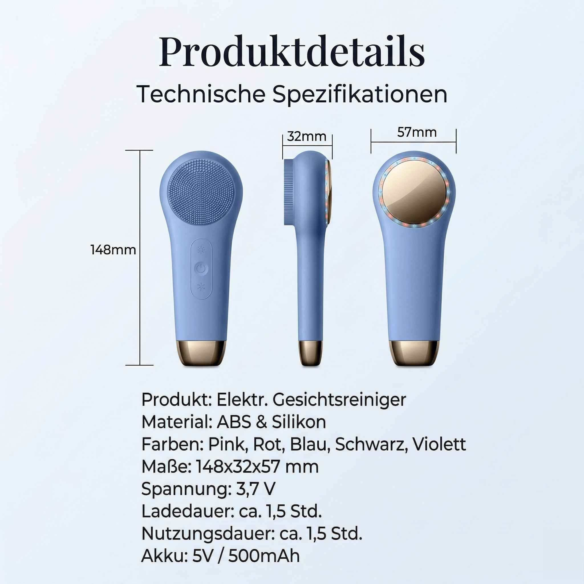 Ein blaues elektrisches Gesichtsreinigungsgerät mit goldenen Akzenten wird von vorne, Seite und oben gezeigt.