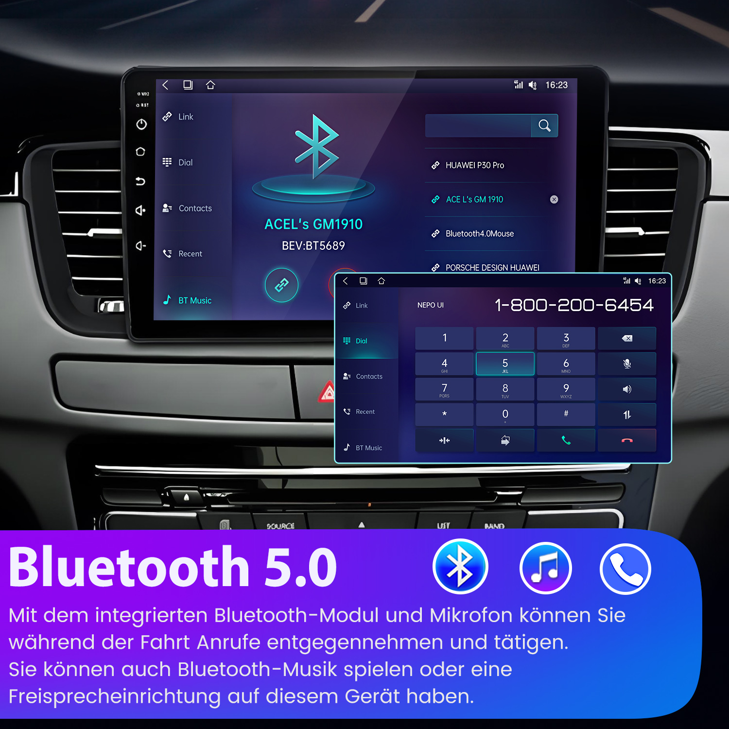 Auto-Infotainment mit Bluetooth-Menü und Ziffernblock. Zeigt Telefonmodelle an.