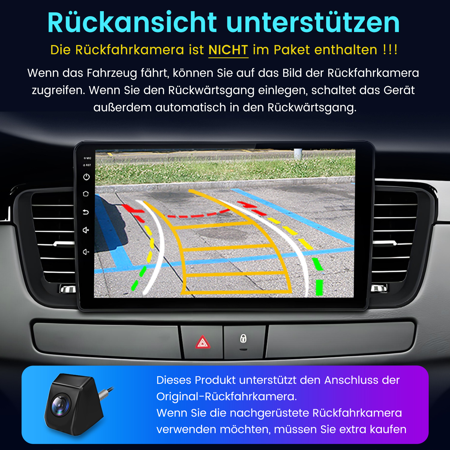 Ein Autoradio zeigt eine Rückfahrkameraansicht mit Parklinien.