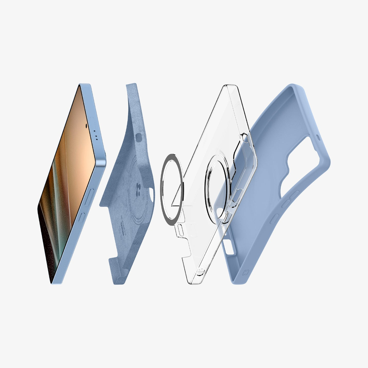 Un teléfono móvil con una funda azul, desmontado en sus componentes.