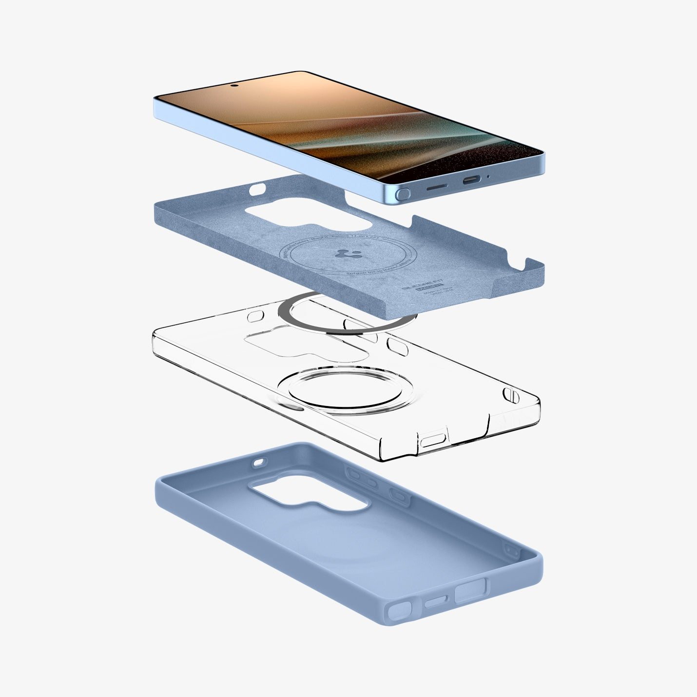 Vista explosionada de un teléfono azul claro con capas de funda transparente y azul.