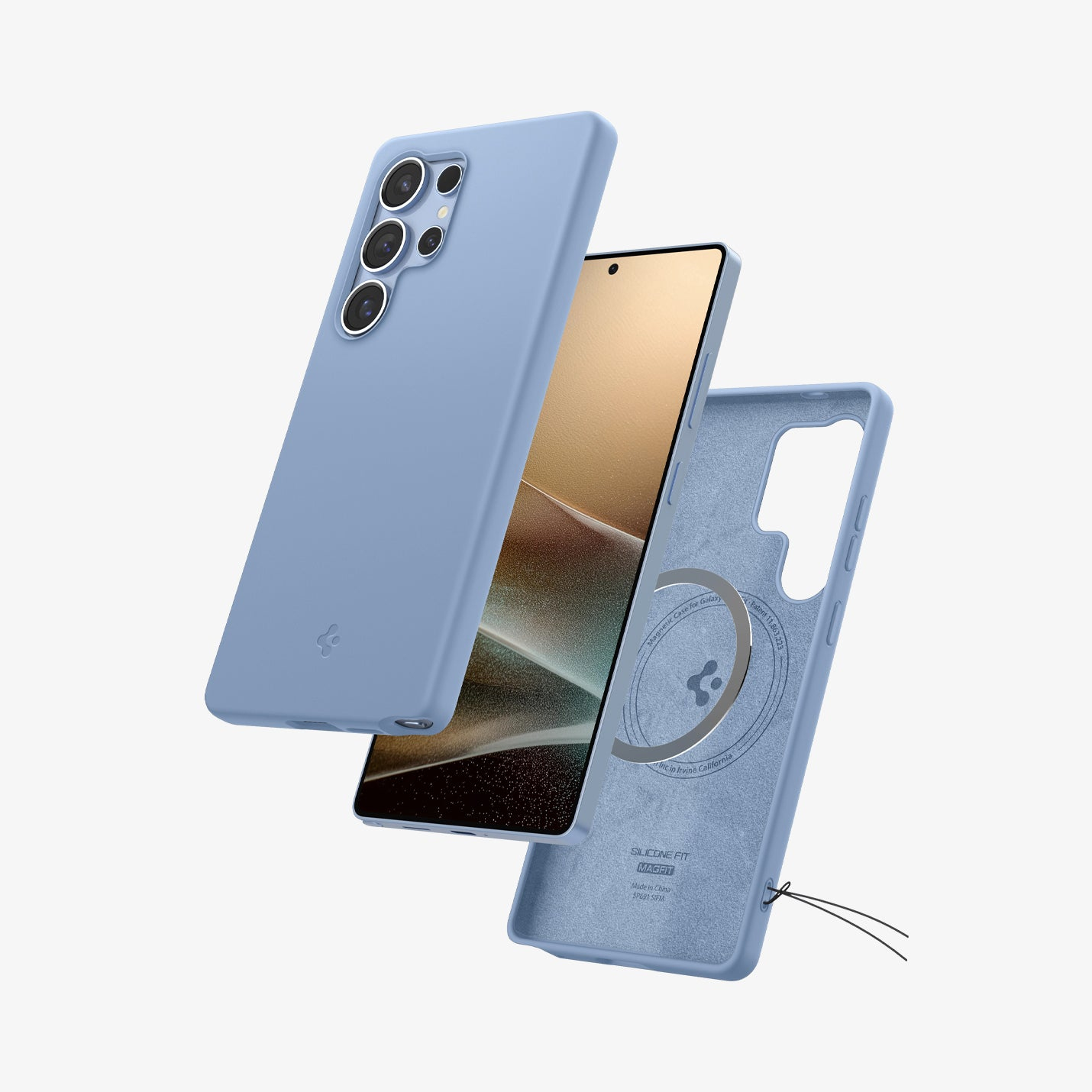 Un teléfono azul con una funda y el teléfono al lado.