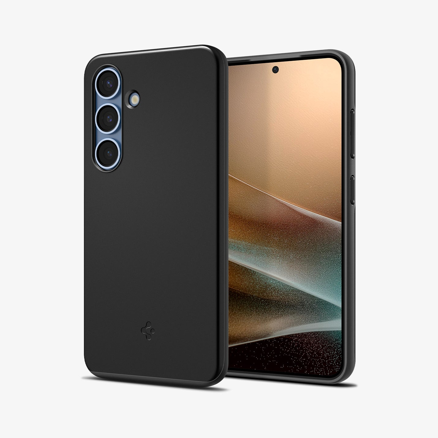 Custodia nera per telefono con tre obiettivi, accanto a uno smartphone.