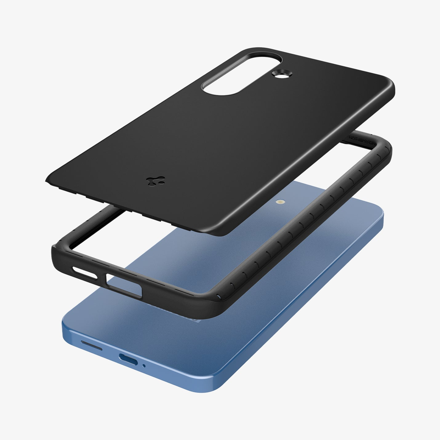 Custodia nera smontata su uno smartphone blu
