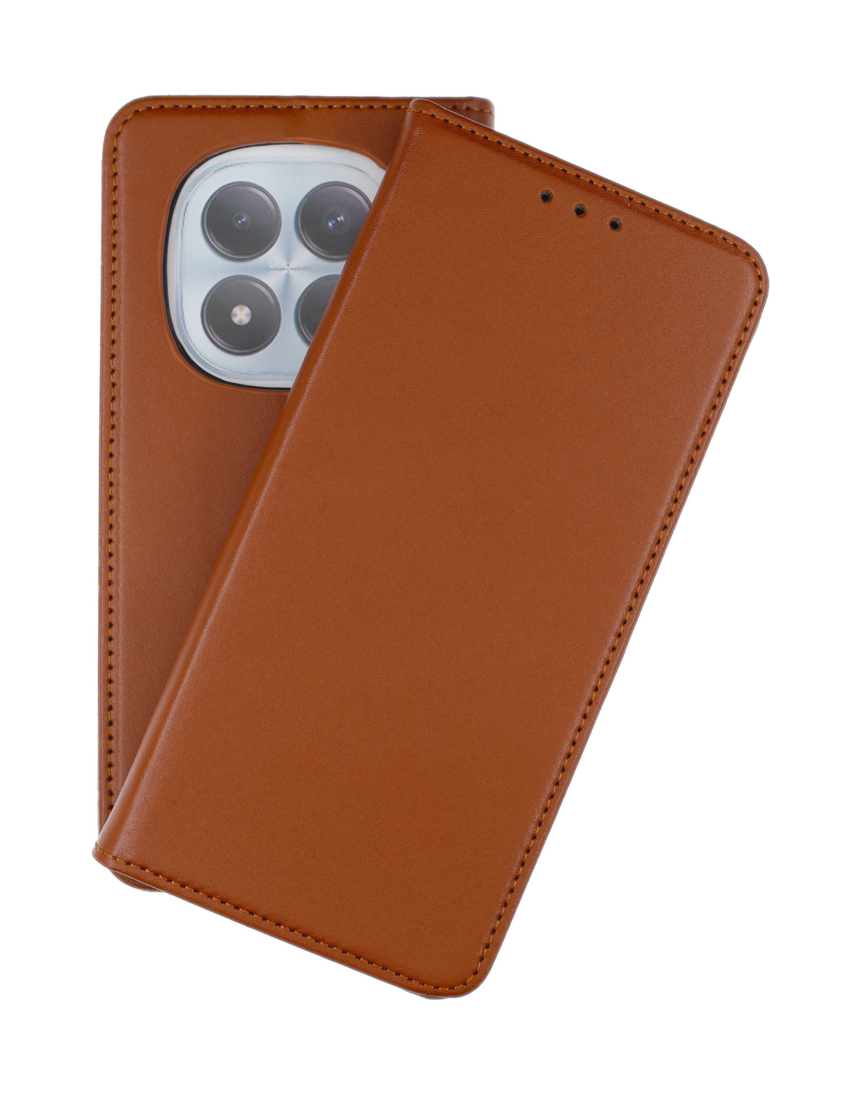 Ein braunes Leder-Handycover mit vier Kameralinsen auf der Rückseite.