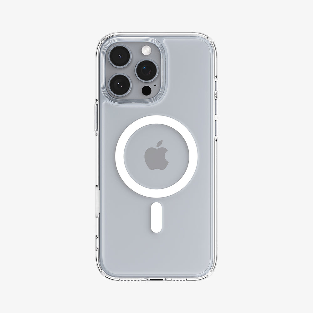 Custodia trasparente per telefono con logo Apple e cerchio MagSafe.
