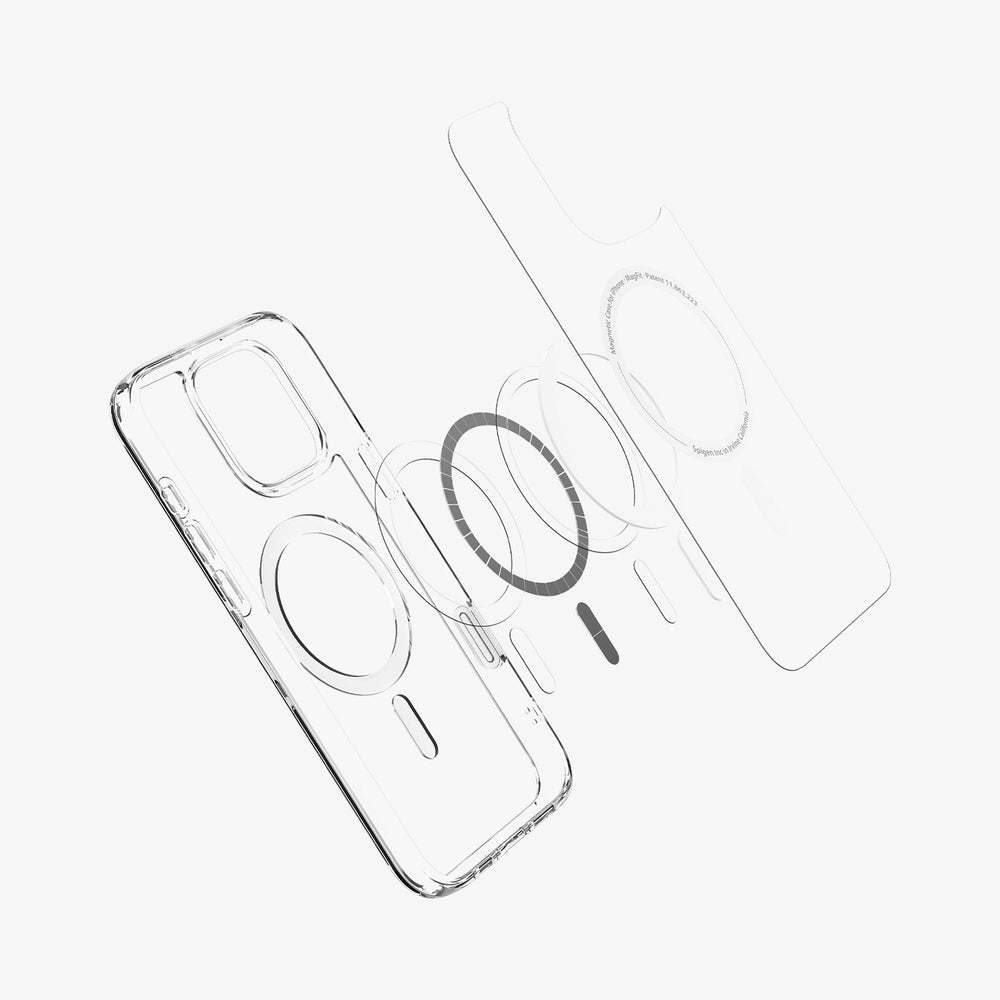 Custodia trasparente per telefono con anello magnetico e ritagli.