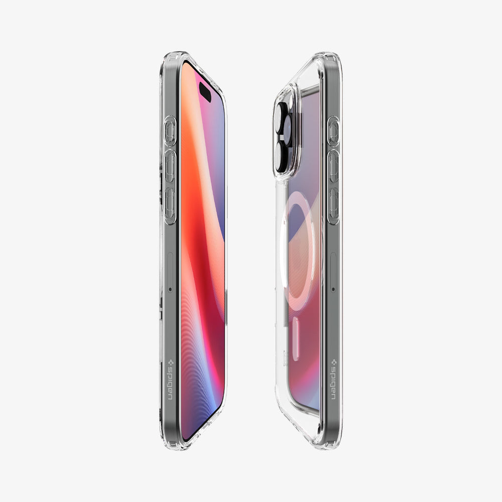 Due custodie trasparenti per telefono viste di lato su sfondo bianco. Una custodia con schermo colorato.