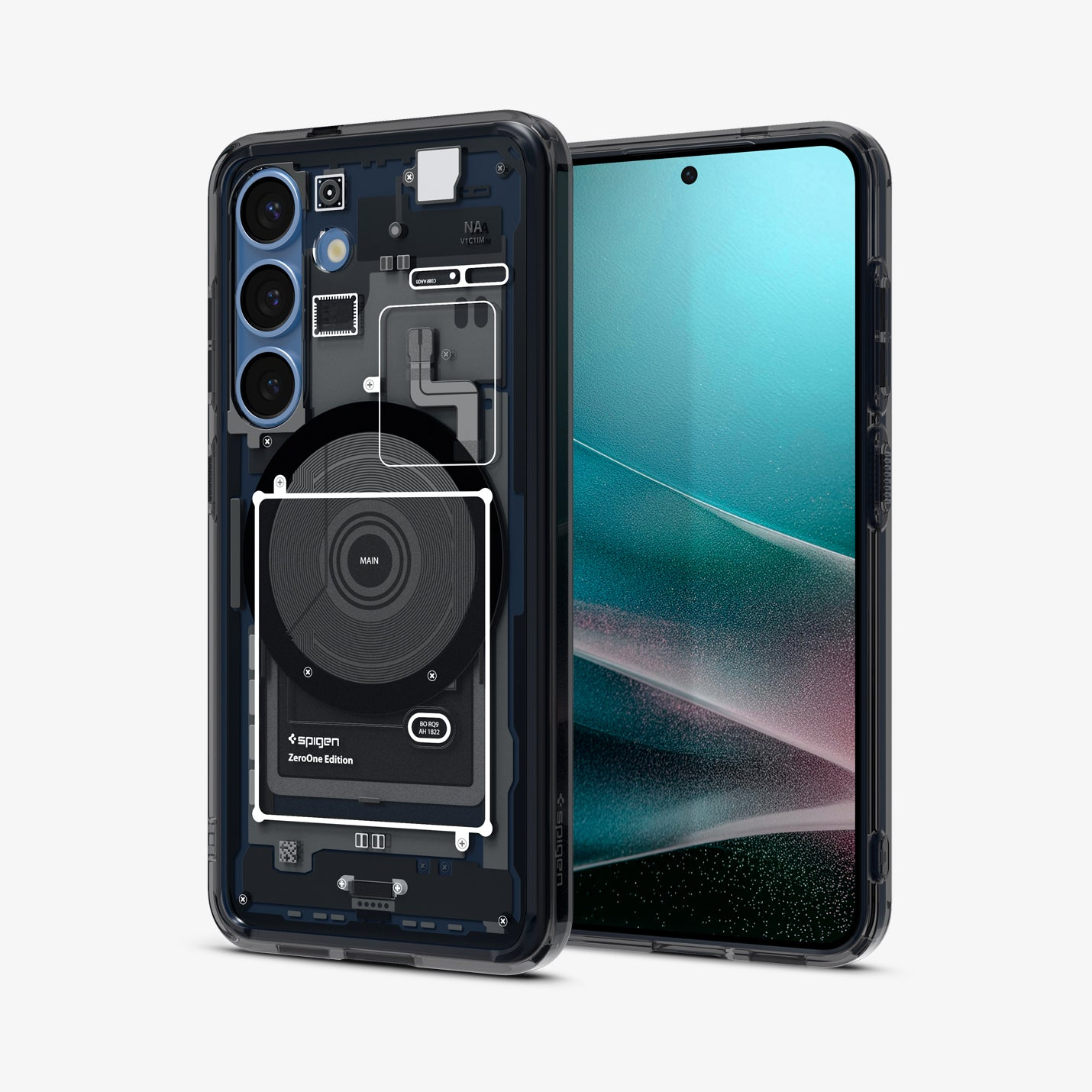 Custodia trasparente per telefono con componenti interni visibili e schermo blu.