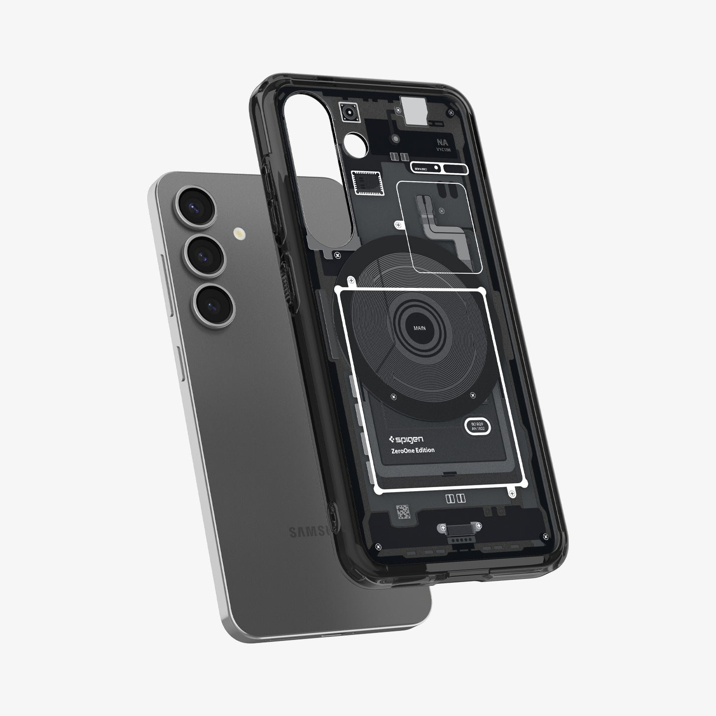 Una cover trasparente per telefono rivela i componenti interni.