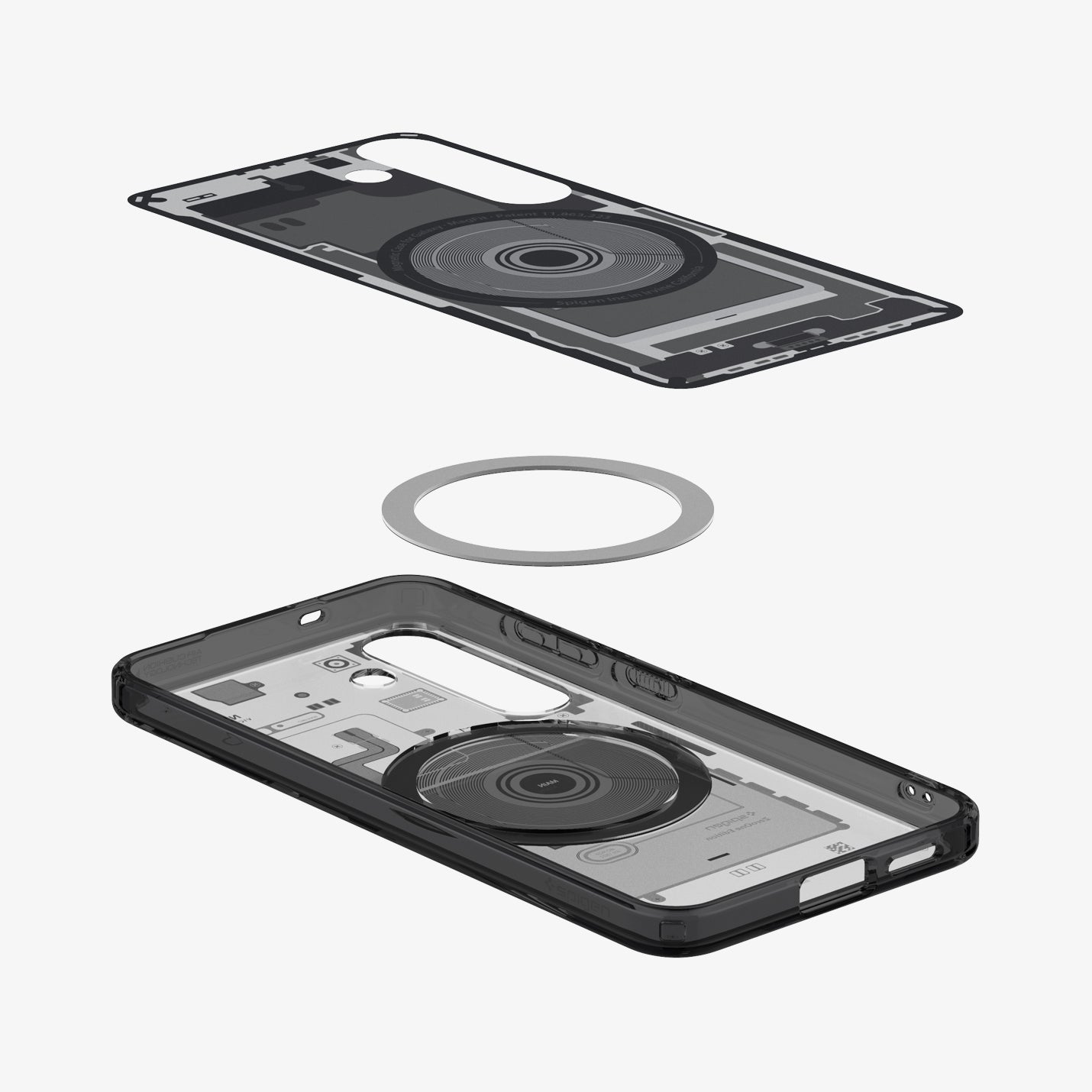 Vista esplosa di una custodia trasparente per telefono con anello magnetico.