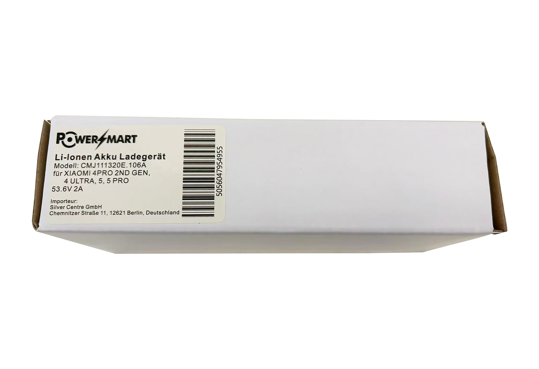 Weiße Verpackung mit Aufschrift: Power Mart Li-Ionen Akku Ladegerät.