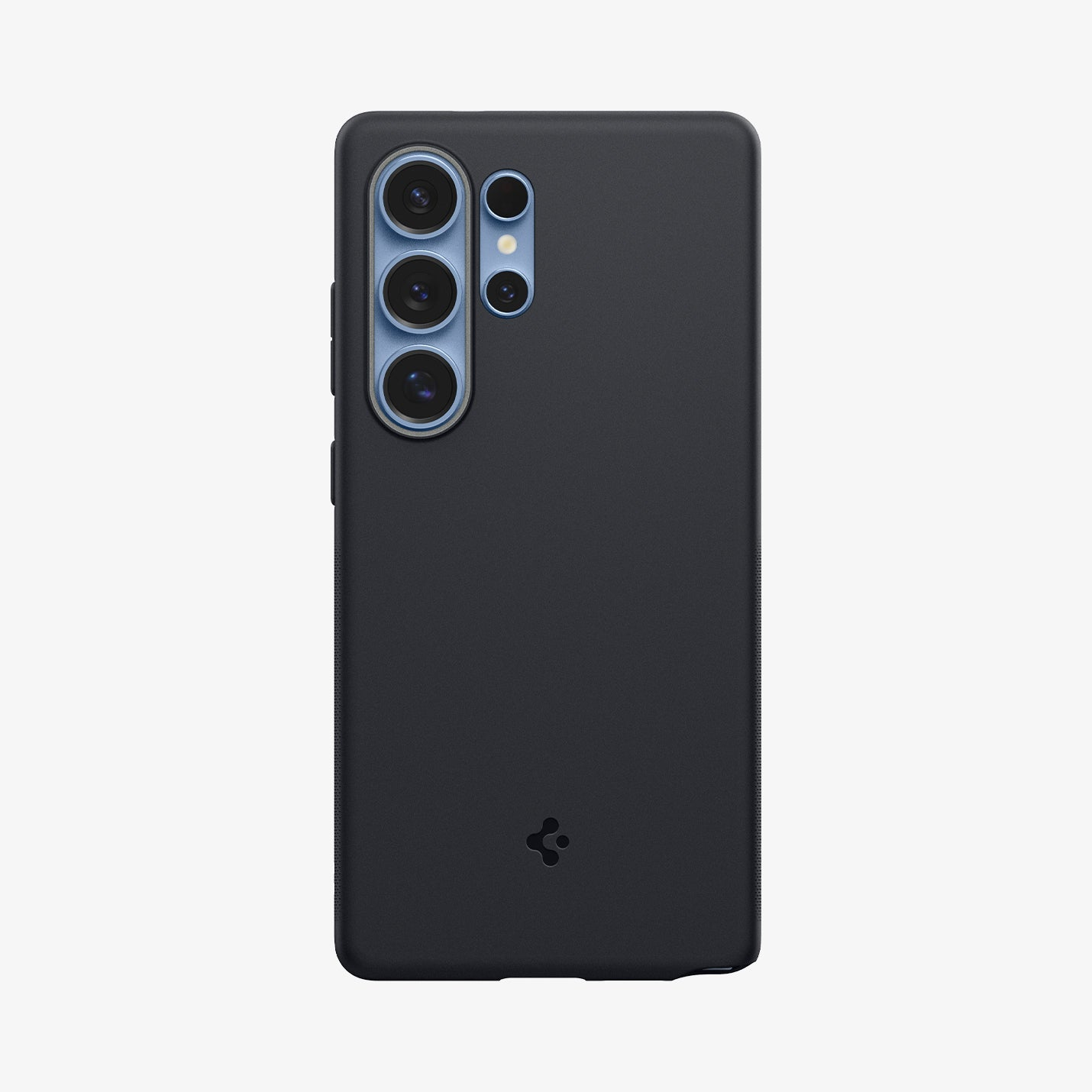 Dunkelgraues Handycase mit einem vertikalen Kameramodul und einem Spigen-Logo.