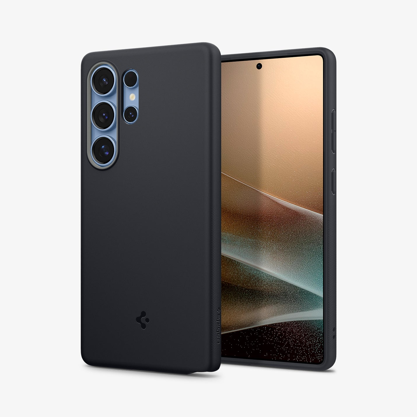Ein dunkles Handy-Case liegt neben einem Smartphone mit goldenem Display.
