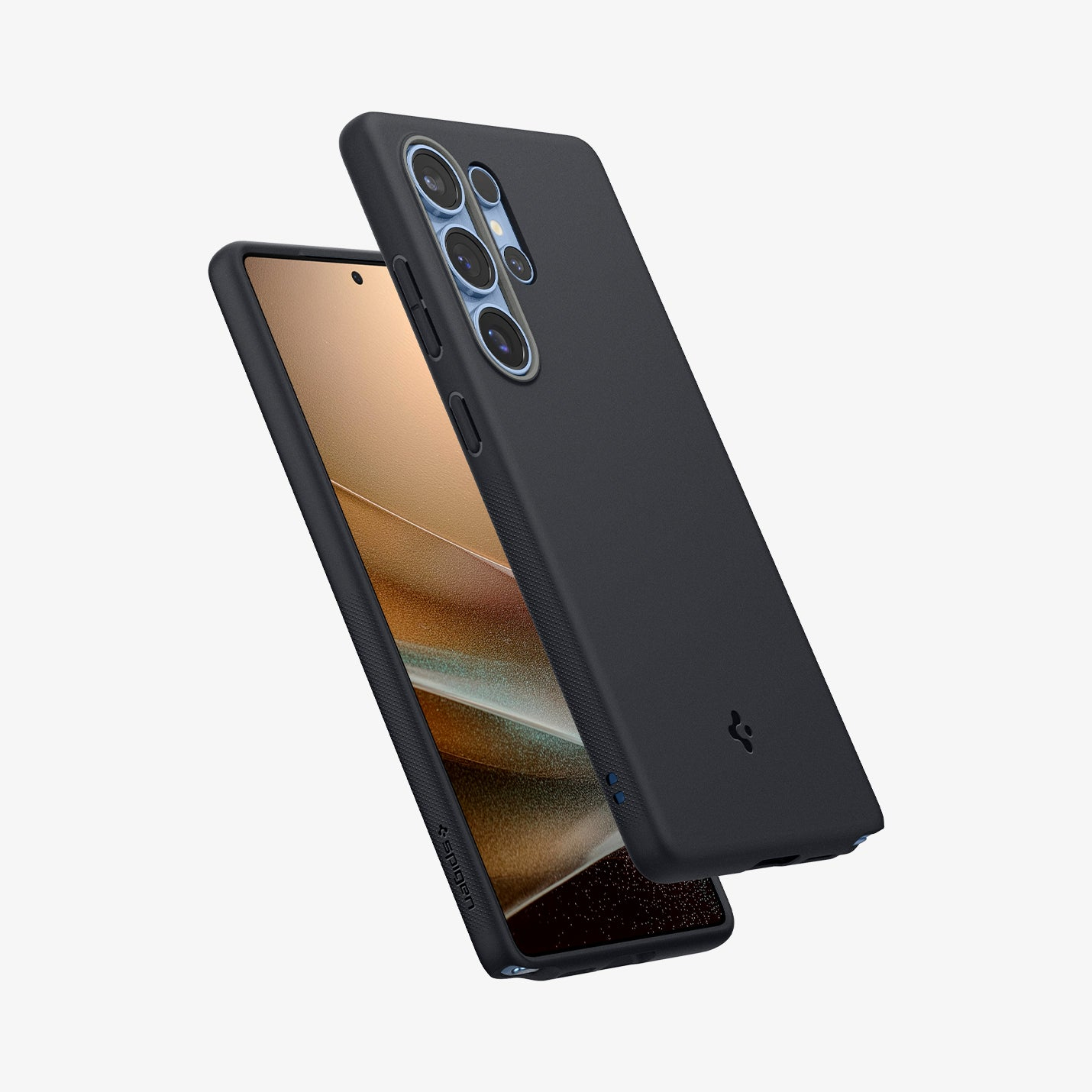 Dunkelgraues Handy mit Kameramodul und schwarzem Schutzgehäuse.