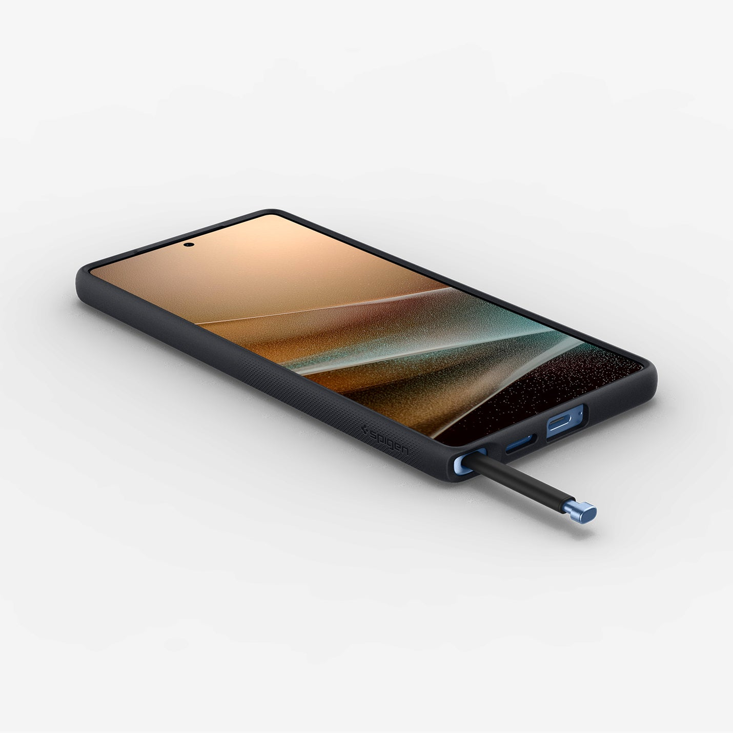 Schwarzes Smartphone mit Stift, das in den Ladeanschluss gesteckt ist.
