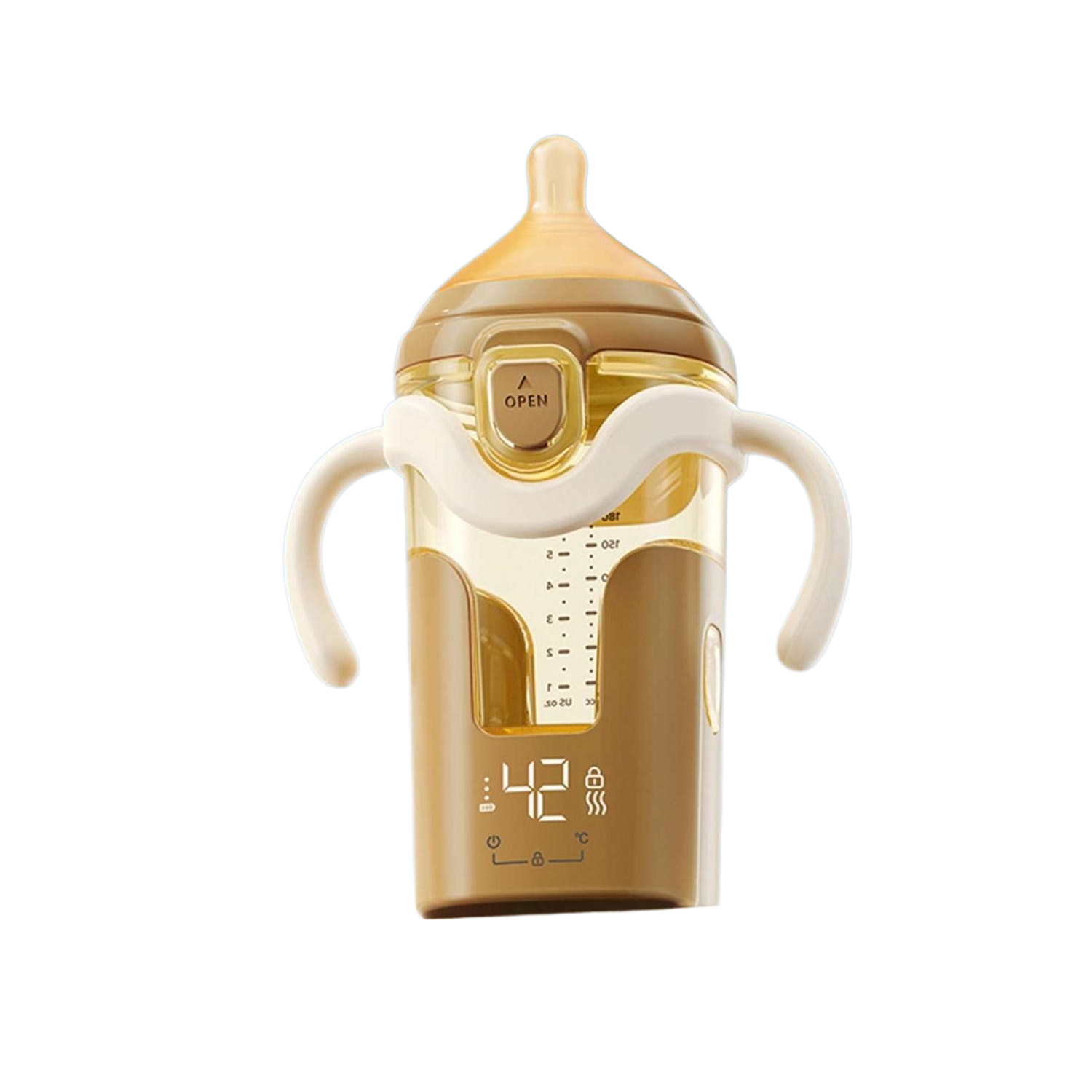 Braune Babyflasche mit digitalen Temperaturanzeige und Henkeln.