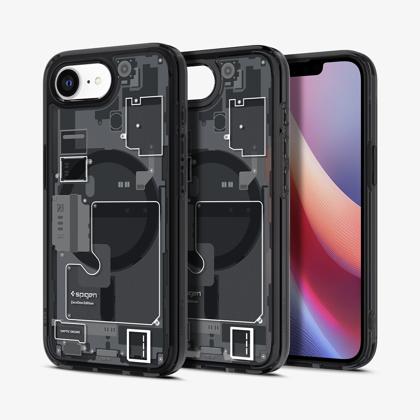 Zwei transparente Handyhüllen mit interner Elektronikansicht neben einem Handy.