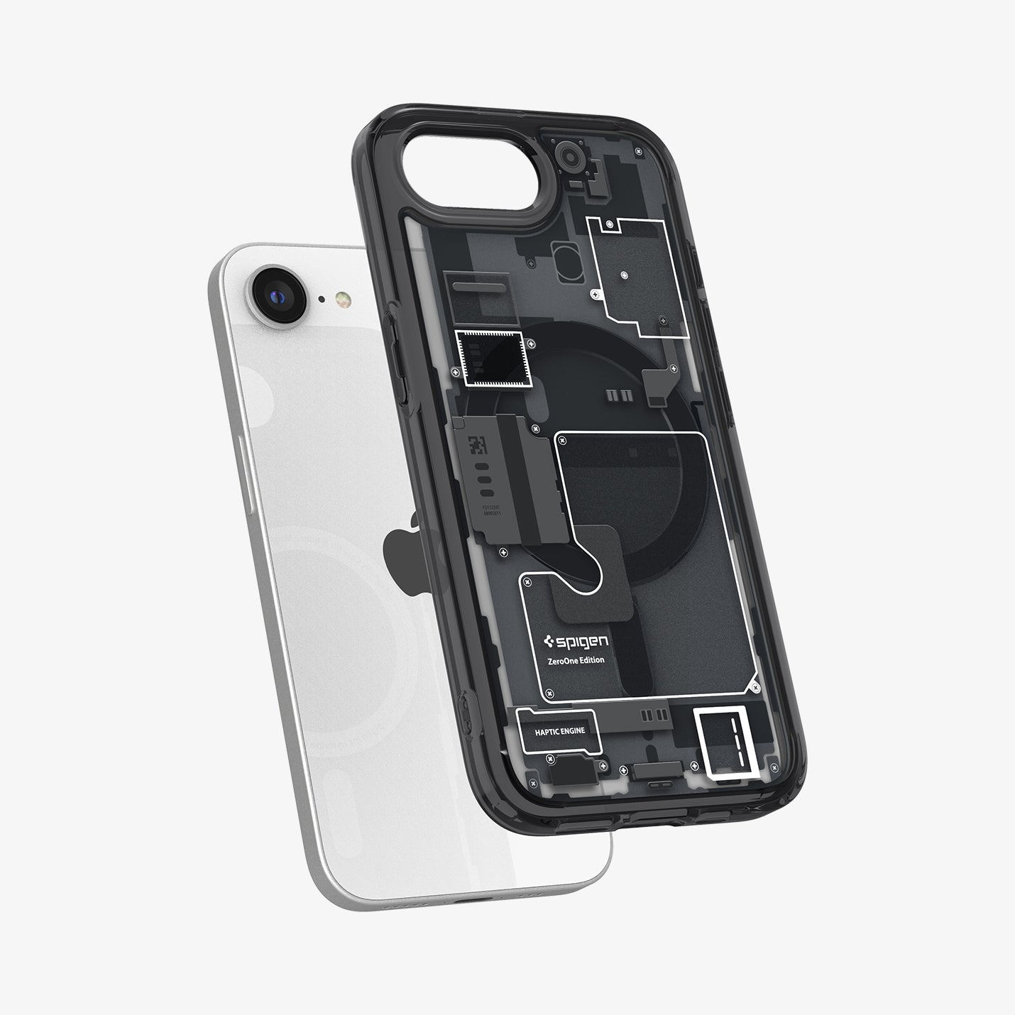 Ein transparentes Handyhülle mit innenliegenden Schaltkreisen neben einem weißen Handy.