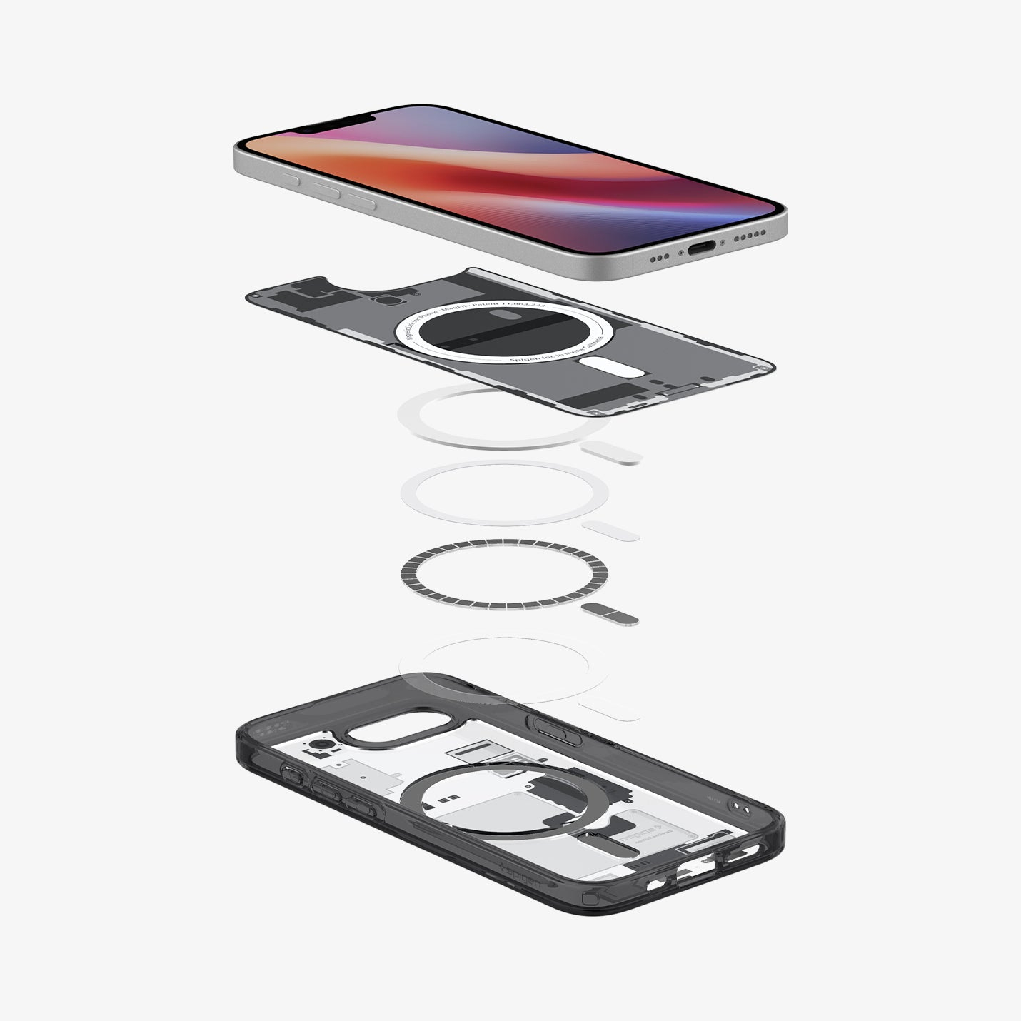 Zerlegte Ansicht eines iPhone-Gehäuses mit Magnetring und Telefon.