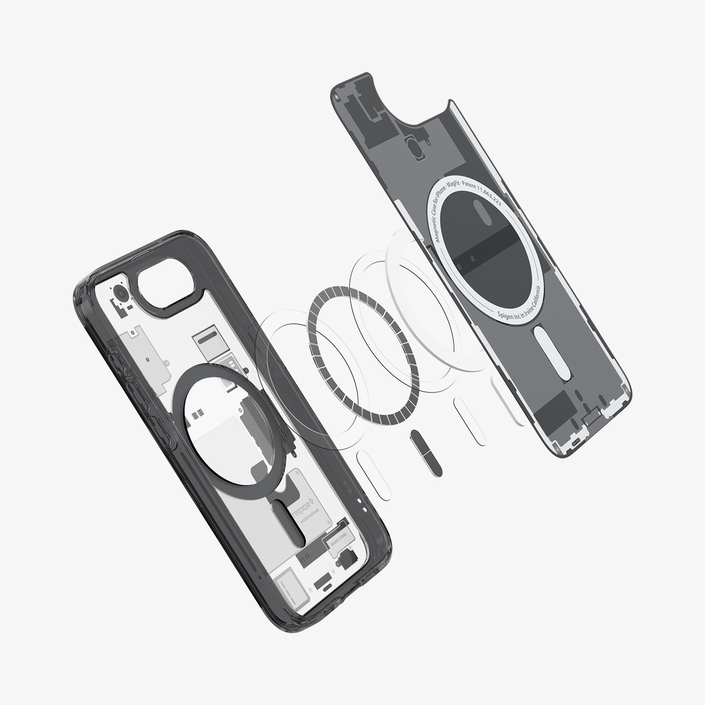 Explodierte Ansicht einer transparenten iPhone-Hülle mit Magneten und inneren Komponenten.