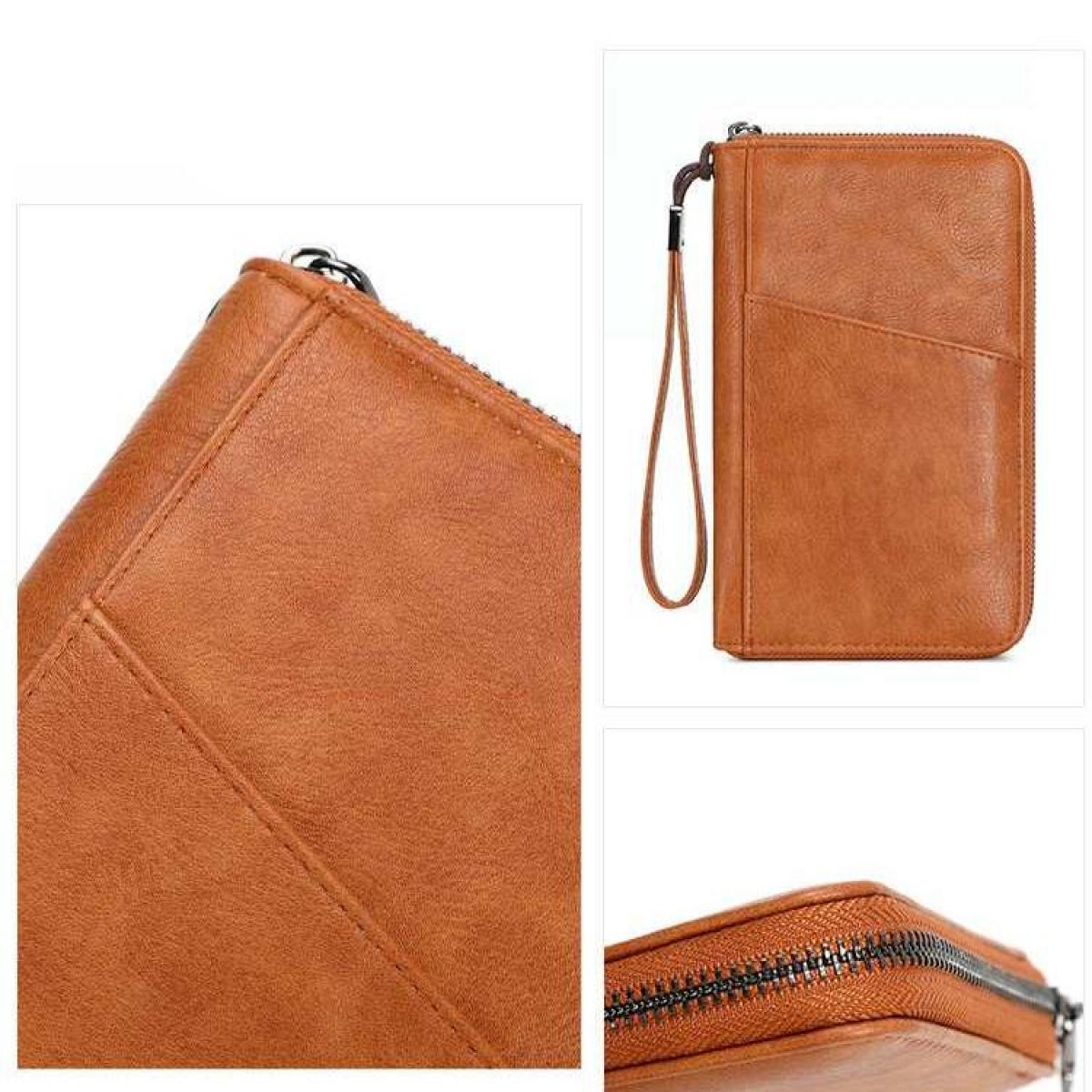 Braune Leder Brieftasche mit Reißverschluss und Handschlaufe.