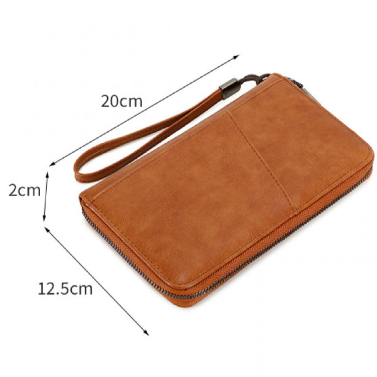 Braune Brieftasche mit Reißverschluss und Handgelenksschlaufe, Maße angegeben.