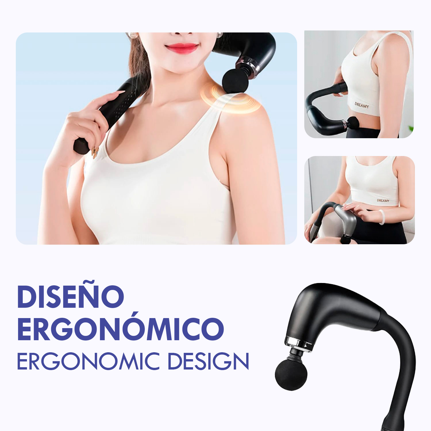 Frau benutzt Massagepistole an Schulter. Ergonomisches Design.